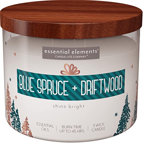 Candle Lite Essential Elements Duftkerze im Glas | Blue Spruce & Driftwood | Duftkerze Zedernholz | 3 Docht Kerze | Kerzen lange Brenndauer (45h) | Große Kerze (418g) von CANDLE-LITE