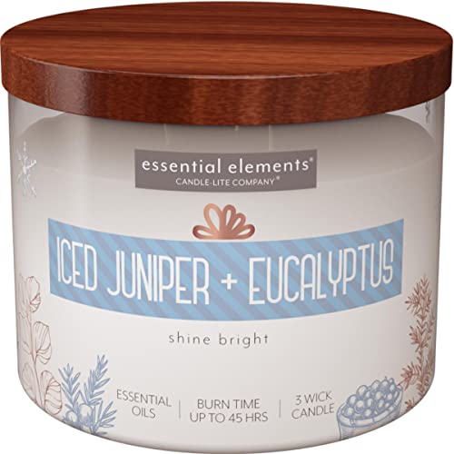 Candle Lite Essential Elements Duftkerze im Glas | Iced Juniper & Eucalyptus | Duftkerze Eukalyptus | 3 Docht Kerze | Kerzen lange Brenndauer (45h) | Große Kerze (418g) von CANDLE-LITE