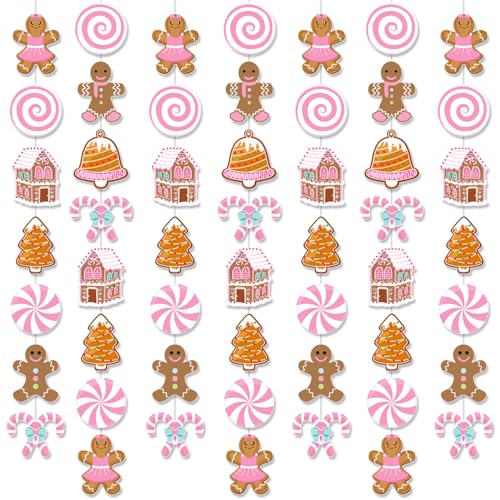 Rosa Weihnachten Lebkuchen-Themenparty Dekorationen, hängende Girlande Banner mit Zuckerstangen, Lutscher, Häuser, Bäume, Urlaubsparty-Zubehör Rosa Weihnachten Lebkuchen-Themenparty Dekorationen, hängende Girlande Banner mit Zuckerstangen, Lutscher, Häuser, Bäume, Urlaubsparty-Zubehör von CANDY CHEF