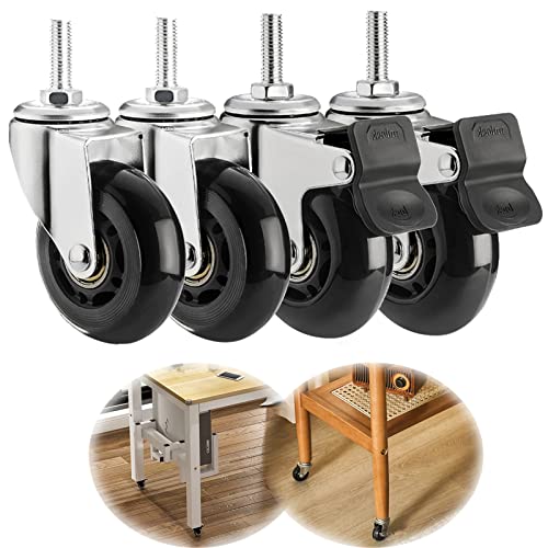 63mm Schwerlastrollen, Lenkrollen, Belastung 200kg, 4 Stück, Gewinderollen Mit Bremsen, Trolley-lenkrollen, Schwarze,doppellager Und Schlösser No Noise Rollen(Size:M10*25mm,Color:2 Braked+2 Swivel) von CANEVE