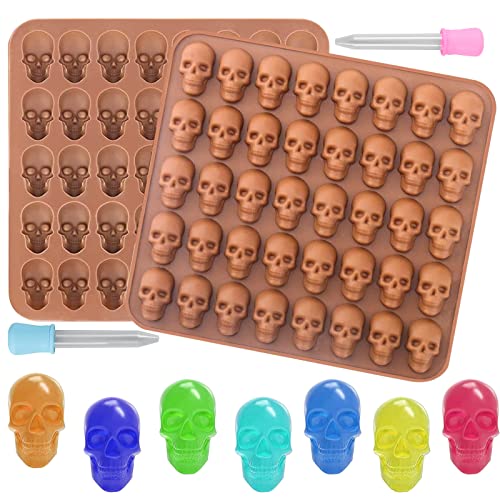 2 Stück Gummischädel Süßigkeiten Formen Silikon Schädel Formen 3D Gummie Schädel Formen Zucker Form Schädel Schokolade Form 40 Hohlraum Antihaft-Bonbons Form mit 2 Dropper (braun) von CANIPHA