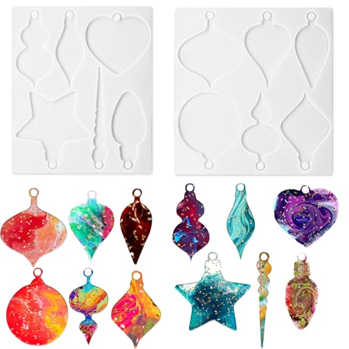 2 Stück Weihnachts-Harzrollen, Silikon-Epoxidharz-Formen, Weihnachts-Silikonformen, Ornament-Formen für Epoxidharz, 12 verschiedene Formen Epoxidharz-Formen mit Aufhängelöchern von CANIPHA