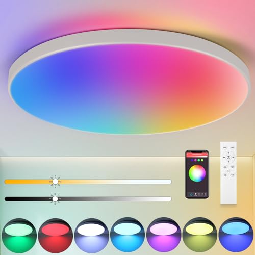 CANMEIJIA Deckenleuchte LED Deckenlampe Dimmbar 24W RGB Deckenleuchten mit Fernbedienung IP44 3000-6500K Deckenleuchte Bunt Alexa/Google für Schlafzimmer Wohnzimmer Badezimmer, Weiß Ø32cm von CANMEIJIA