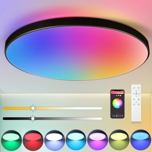 CANMEIJIA LED Deckenleuchte Dimmbar 24W RGB Deckenleuchten 3000-6500K mit Fernbedienung IP44 Deckenlampe Flach Deckenleuchte Bunt Alexa/Google für Schlafzimmer Wohnzimmer Badezimmer, Schwarz Ø32cm von CANMEIJIA