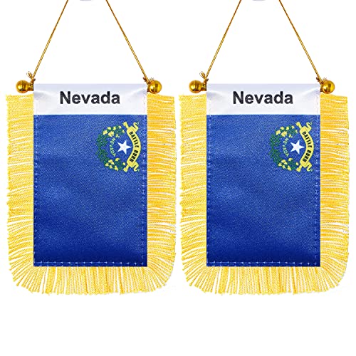 CANTENDO 2 Stück Amerikanische US-Nevada-Fenster-Hängeflagge, Mini-USA-Nevada-Staats-Autoflagge mit Stange, Quaste, Saugnapf, Rückspiegel-Dekoration (7,6 x 12,7 cm) von CANTENDO