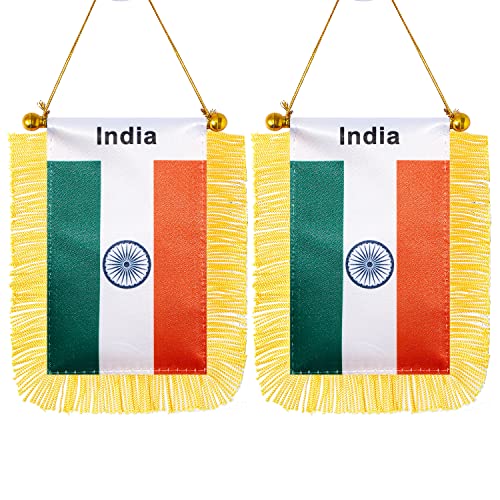 CANTENDO 2 Stück Indien Fenster Hängende Flagge Mini Indische Autofahne mit Stange Quaste Saugnapf Rückspiegel Dekoration (7,6 x 12,7 cm) von CANTENDO