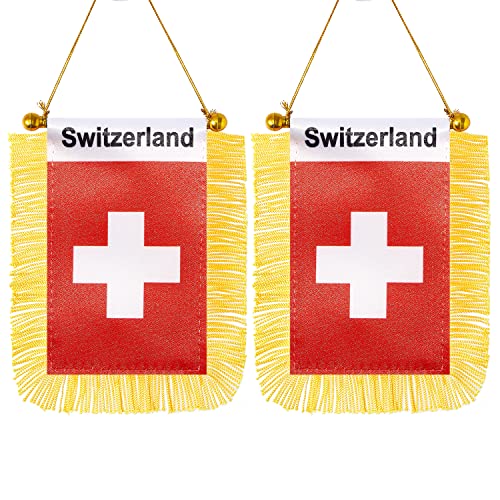 CANTENDO 2 Stück Schweiz Fensterflagge zum Aufhängen, Mini-Schweizer Autofahne mit Stange, Quaste, Saugnapf, Rückspiegel-Dekoration (7,6 x 12,7 cm) von CANTENDO