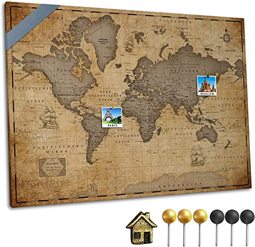 Canvas Weltkarte mit Pinnwand Kork zum Pinnen der Reiseziele - Wanddeko für Jeden Raum - Hochwertige Leinwand Bilder mit World Map in Verschiedenen Größen (150x100 cm, Entwurf 1) von Generic