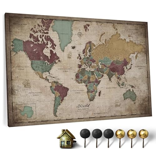 Hochwertige Canvas Weltkarte mit Kork-Pinnwand - Englische Beschriftung - Dekorative Wanddeko für alle Zimmer - Leinwandbilder mit Weltkarte Motiv (120x80 cm, Muster 12) von CANVASCALE