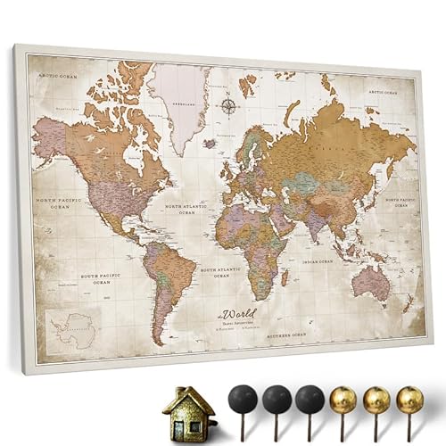 Hochwertige Canvas Weltkarte mit Kork-Pinnwand - Englische Beschriftung - Dekorative Wanddeko für alle Zimmer - Leinwandbilder mit Weltkarte Motiv (120x80 cm, Muster 22) von CANVASCALE