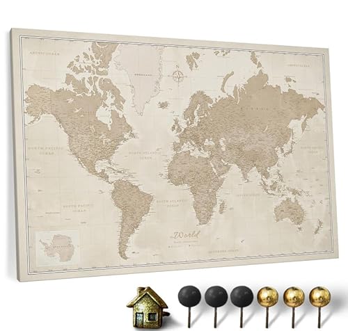 Hochwertige Canvas Weltkarte mit Kork-Pinnwand - Englische Beschriftung - Dekorative Wanddeko für alle Zimmer - Leinwandbilder mit Weltkarte Motiv (120x80 cm, Muster 9) von CANVASCALE