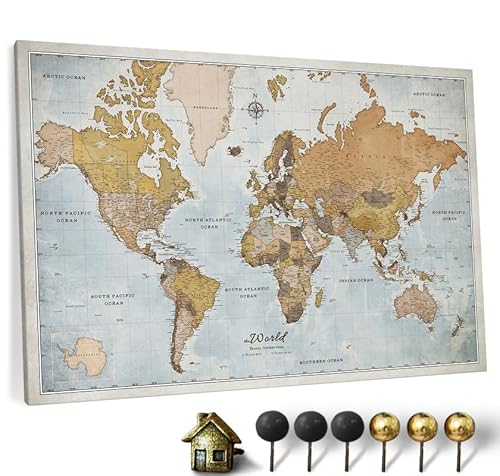 Hochwertige Canvas Weltkarte mit Kork-Pinnwand - Englische Beschriftung - Dekorative Wanddeko für alle Zimmer - Leinwandbilder mit Weltkarte Motiv (150x100 cm, Muster 14) von CANVASCALE