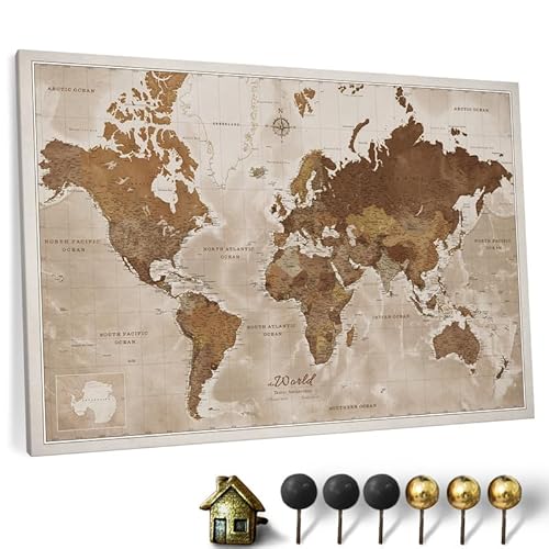 Hochwertige Canvas Weltkarte mit Kork-Pinnwand - Englische Beschriftung - Dekorative Wanddeko für alle Zimmer - Leinwandbilder mit Weltkarte Motiv (150x100 cm, Muster 17) von CANVASCALE