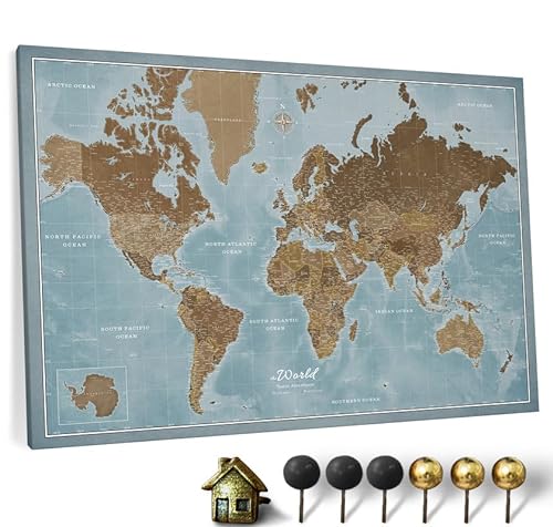 Hochwertige Canvas Weltkarte mit Kork-Pinnwand - Englische Beschriftung - Dekorative Wanddeko für alle Zimmer - Leinwandbilder mit Weltkarte Motiv (150x100 cm, Muster 2) von CANVASCALE