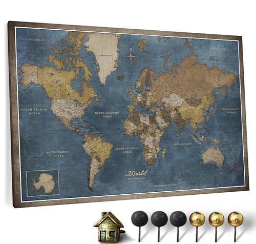 Hochwertige Canvas Weltkarte mit Kork-Pinnwand - Englische Beschriftung - Dekorative Wanddeko für alle Zimmer - Leinwandbilder mit Weltkarte Motiv (70x50 cm, Muster 13) von CANVASCALE