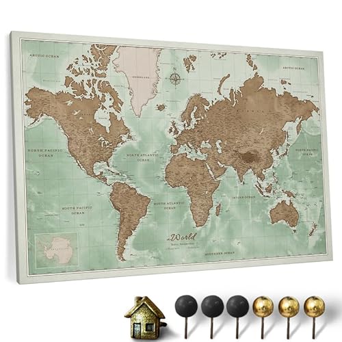 Hochwertige Canvas Weltkarte mit Kork-Pinnwand - Englische Beschriftung - Dekorative Wanddeko für alle Zimmer - Leinwandbilder mit Weltkarte Motiv (70x50 cm, Muster 18) von CANVASCALE