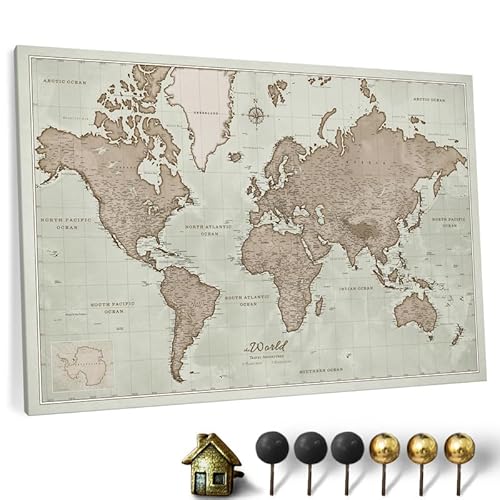 Hochwertige Canvas Weltkarte mit Kork-Pinnwand - Englische Beschriftung - Dekorative Wanddeko für alle Zimmer - Leinwandbilder mit Weltkarte Motiv (70x50 cm, Muster 19) von CANVASCALE