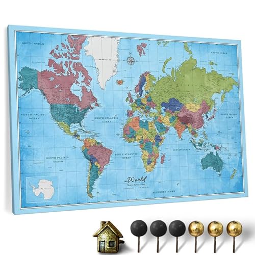 Hochwertige Canvas Weltkarte mit Kork-Pinnwand - Englische Beschriftung - Dekorative Wanddeko für alle Zimmer - Leinwandbilder mit Weltkarte Motiv (70x50 cm, Muster 21) von CANVASCALE