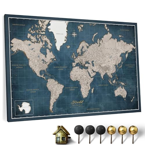 Hochwertige Canvas Weltkarte mit Kork-Pinnwand - Englische Beschriftung - Dekorative Wanddeko für alle Zimmer - Leinwandbilder mit Weltkarte Motiv (70x50 cm, Muster 23) von CANVASCALE