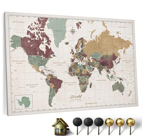 Hochwertige Canvas Weltkarte mit Kork-Pinnwand - Englische Beschriftung - Dekorative Wanddeko für alle Zimmer - Leinwandbilder mit Weltkarte Motiv (70x50 cm, Muster 3) von CANVASCALE