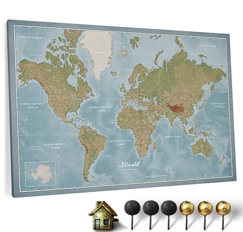 Hochwertige Canvas Weltkarte mit Kork-Pinnwand - Englische Beschriftung - Dekorative Wanddeko für alle Zimmer - Leinwandbilder mit Weltkarte Motiv (70x50 cm, Muster 8) von CANVASCALE