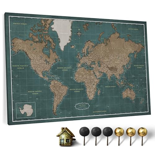 Hochwertige Canvas Weltkarte mit Kork-Pinnwand - Englische Beschriftung - Dekorative Wanddeko für alle Zimmer - Leinwandbilder mit Weltkarte Motiv (90x60 cm, Muster 4) von CANVASCALE