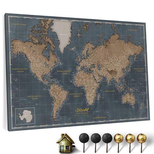 Hochwertige Canvas Weltkarte mit Kork-Pinnwand - Englische Beschriftung - Dekorative Wanddeko für alle Zimmer - Leinwandbilder mit Weltkarte Motiv (90x60 cm, Muster 5) von CANVASCALE