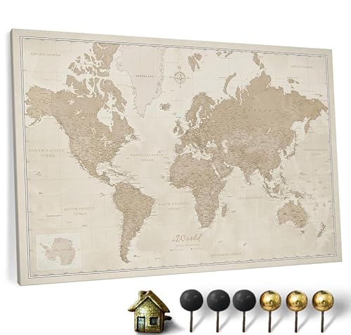 Hochwertige Canvas Weltkarte mit Kork-Pinnwand - Englische Beschriftung - Dekorative Wanddeko für alle Zimmer - Leinwandbilder mit Weltkarte Motiv (90x60 cm, Muster 9) von CANVASCALE
