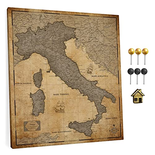 Italien-Leinwandkarte mit Pinnwand aus Kork zum Anheften von Reisezielen - Hochwertige Leinwandtafeln mit Italienkarte in verschiedenen Größen (60x50 cm, Entwurf 4) von CANVASCALE