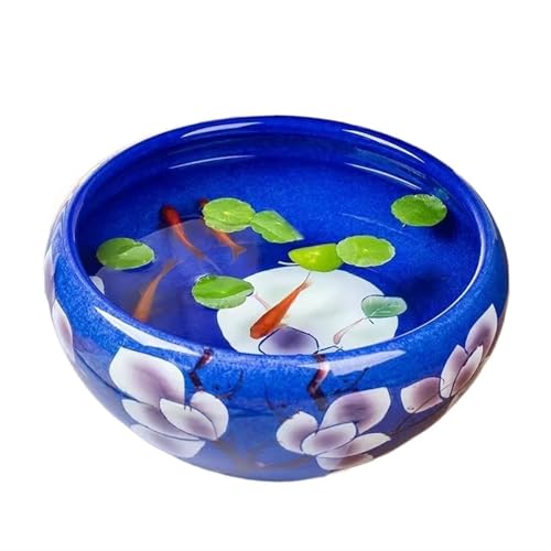 Aquarium aus Keramik mit dunkelblauem Magnolien-Muster, Desktop-Glücksdekoration, Fischtank, Schildkröten-Futtertank, Keramik, runder Blumentopf, Aquarium (24 x 24 x 12 cm) von CAOJLjiaxiang-2012