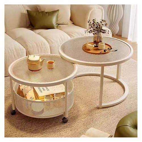 Couchtisch für Wohnzimmer, Beistelltisch, beweglicher Couchtisch, Kombination, einfacher Haushalt, kleiner Haushalt, Glas, runder Tisch mit Rollen, Sofa, Couchtisch, Mitteltische (weiß) von CAOJLjiaxiang-2012