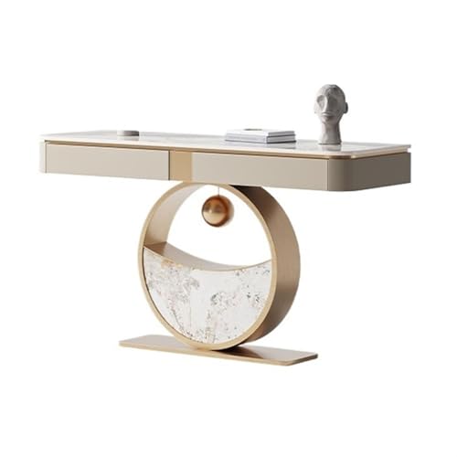 Konsolentisch für den Eingangsbereich, Konsolentisch mit Schublade, moderner Eingangstisch mit Kunstmarmorfurnier, Tischplatte, Flurtisch mit rundem Sockel, Sofatisch (Gold) von CAOJLjiaxiang-2012