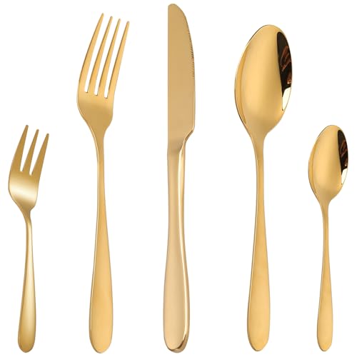 CAOPAOTI Besteck Gold 12 Personen, Besteckset Edelstahl 60 teilig, Essbesteck Set mit Messer Gabel Löffel, Elegantes Geschirr Sets für Hochzeit Party, Hochglanzpoliert/Spülmaschinenfest von CAOPAOTI