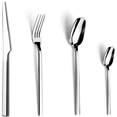 CAOPAOTI Besteck Set 6 Personen, Modern Edelstahl Essbesteck Sets 24-teilig, Besteckset mit Messer Gabel Löffelfür für Restaurants, Quadratisches Design & Spülmaschinenfest von CAOPAOTI