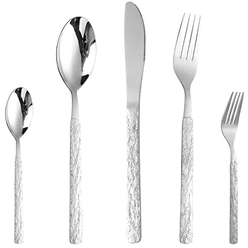 CAOPAOTI Besteck Set Silber für 12 Personen, Edelstahl Besteskset 60 teilig, Essbesteck Set mit Messer Gabel Löffel, Einzigartiges Design & Spülmaschinenfest von CAOPAOTI