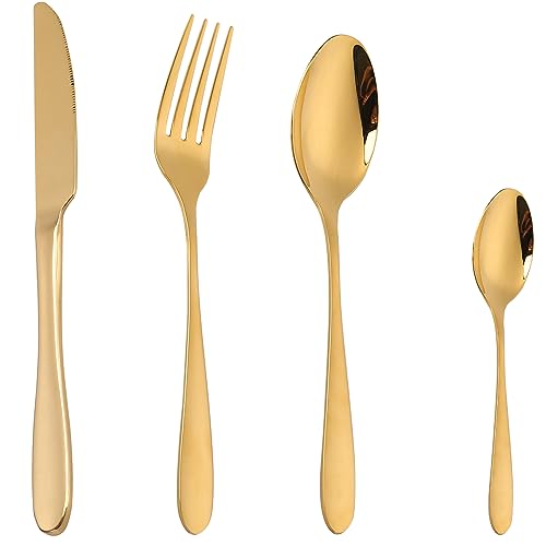 CAOPAOTI Goldenes Besteckset 24 teilig, Edelstahl Besteck Set Service 6 Personen, Poliertes Essbesteck Sets mit Löffel Messer und Gabel, Elegant Design Geschirrset Spülmaschinenfest von CAOPAOTI