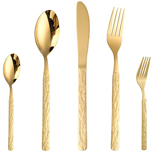 CAOPAOTI Goldenes Edelstahl Besteckset, Besteck Gold 12 Personen, Muster Design Essbesteck Set 60 teilig, Geschirrset mit Messer Gabel Löffel, Spülmaschinenfest von CAOPAOTI