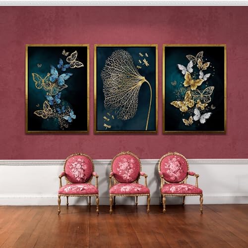 CAOXTART 3er-Set Wandkunstbilder mit goldenem Schmetterling, Poster und Drucke auf Leinwand mit goldenem Baum, ästhetische Malerei mit blauen Schmetterlingen (30 x 40 cm x 3/rahmenlos) von CAOXTART