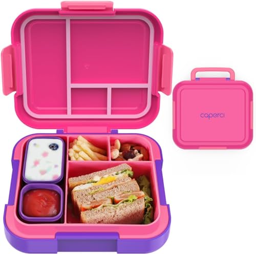 CAPERCI Brotdose Kinder mit Fächern, Large 4.8 Cups Bento Box Kinder, 4 Fächern, 2 Saucenbox, Lunch Box Jausenbox für Kindergarten Schule Ausflüge, Mikrowelle/Spülmaschinenfest (Fuchsia/Purple) von CAPERCI