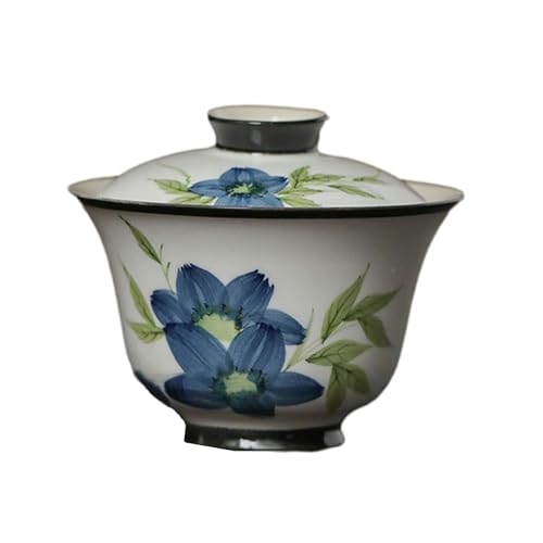 105 ml handbemalte Keramikschale mit blauer Blume und weißer Keramik Er Cai – blaue Blumendeckelschale – Malerei von CAPIJIONG
