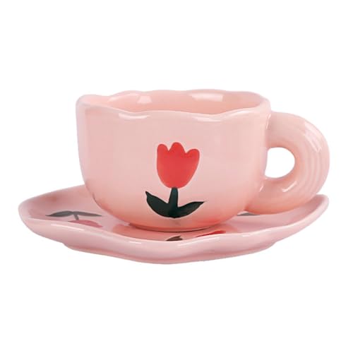 180ml/6oz Frische Rosa Tulpe Kaffeetasse Und Teller Set Für Mädchen Nachmittagstee Latte-Pink Tulpe von CAPIJIONG