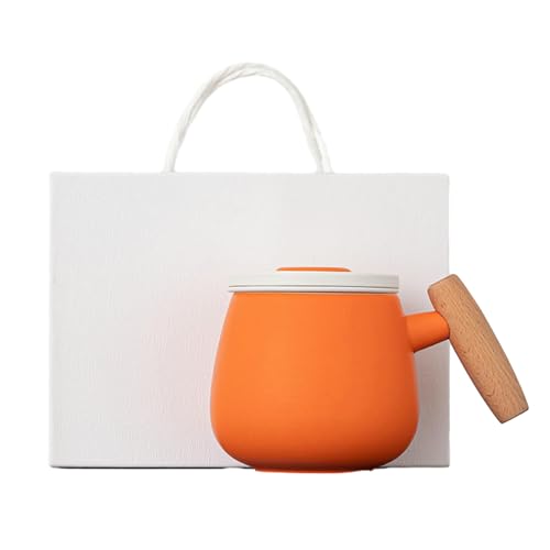 400 ml einfache Keramiktasse im chinesischen Stil mit Deckel und Holzgriff, lebendiges Orange – Box von CAPIJIONG