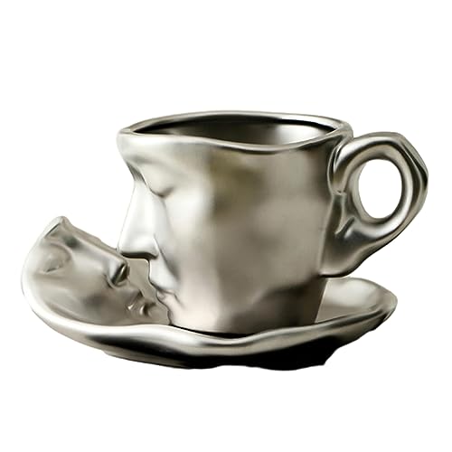 CAPIJIONG 100/260ml Retro Style Metall berühren Gesicht kreative Keramik Kuss Italienische Kaffeetasse für Büro Zuhause Restaurant Café-silber-100ML von CAPIJIONG