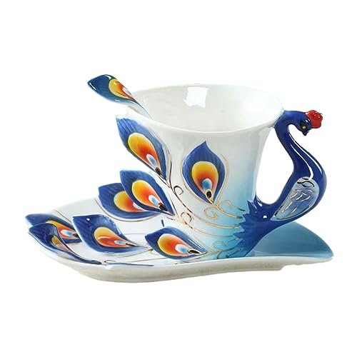 CAPIJIONG 230ML Mode Emaille Porzellan Kreative Pfau Kaffeetasse Personalisierte Farbige Spiegel Tasse für Büro Zuhause Restaurant Café-blau von CAPIJIONG