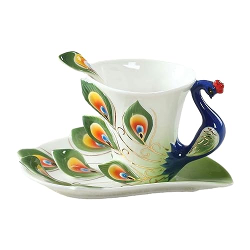 CAPIJIONG 230ML Mode Emaille Porzellan Kreative Pfau Kaffeetasse Personalisierte Farbige Spiegel Tasse für Büro Zuhause Restaurant Café-grün von CAPIJIONG