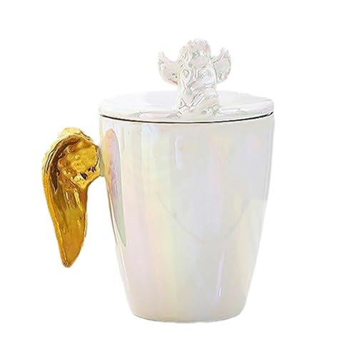 CAPIJIONG 250ml/8oz Kreative Engel Flügel Keramik Tasse Für Paare Mit Deckel Büro Milch Kaffee Tasse Weißer Engel - Goldene Flügel von CAPIJIONG