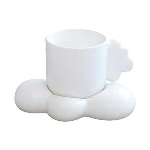 CAPIJIONG 320 ml Frühstücks-Keramik-Kaffeetasse und -teller, mikrowellengeeignet, niedlicher Bürobecher für Büro, Zuhause, Wolken-Tasse – Weiß von CAPIJIONG