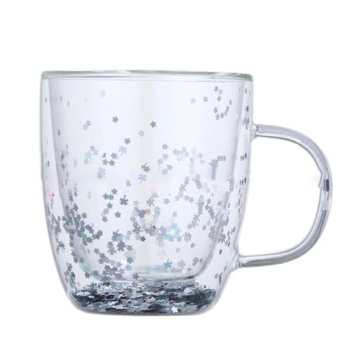 CAPIJIONG 350ml/12oz Hitzebeständige Pailletten Sternenhimmel Doppelschicht Glas Tasse Kreative Wärmedämmung Obst Saft Getränke Kaffee Milch Glas Tasse Silber Pailletten von CAPIJIONG