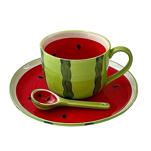 CAPIJIONG 400ml/13oz Wassermelone Nette Obst Tasse Sommer Kreative Große Kapazität Kaffeetasse für Büro Zuhause Restaurant Café Wassermelone Teller + Löffel + Tasse von CAPIJIONG