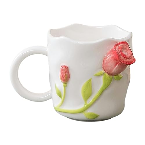 CAPIJIONG 420ml Geprägte dreidimensionale Rose Keramik Becher Mikrowelle kann für kreative Mädchen Herz Blume Wasser Tasse-rote Blume verwendet werden von CAPIJIONG
